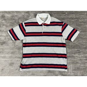 New Directions Polo Shirt Mens XL Grey Navy Red Striped Vintage Made in USA S/S